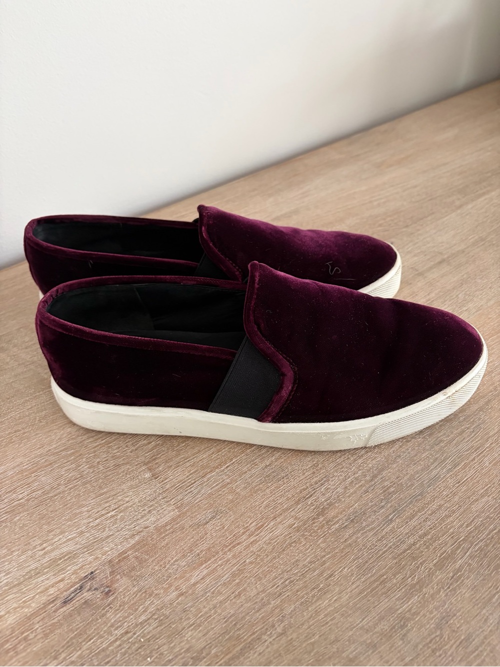 Vince women’s Velvet Slip-On Sneakers in Burgundy